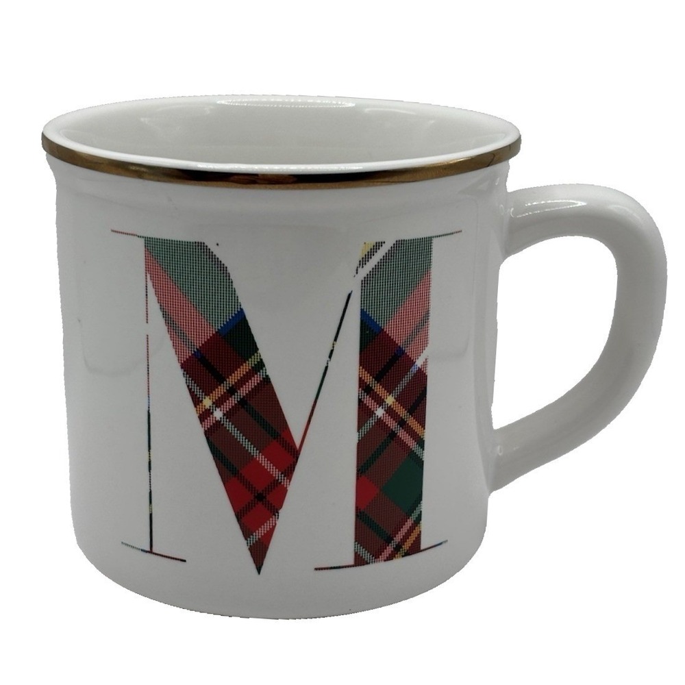 Pottery Barn Stewart Plaid Initial Mug "M" Gold Rim‎ Red Green Christmas Cup